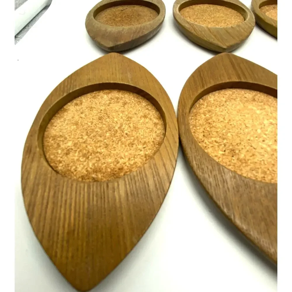 Sixties Hand carved Japan Hardwood & Cork Eye Coasters 8 Mid-Century Mod Sere‎